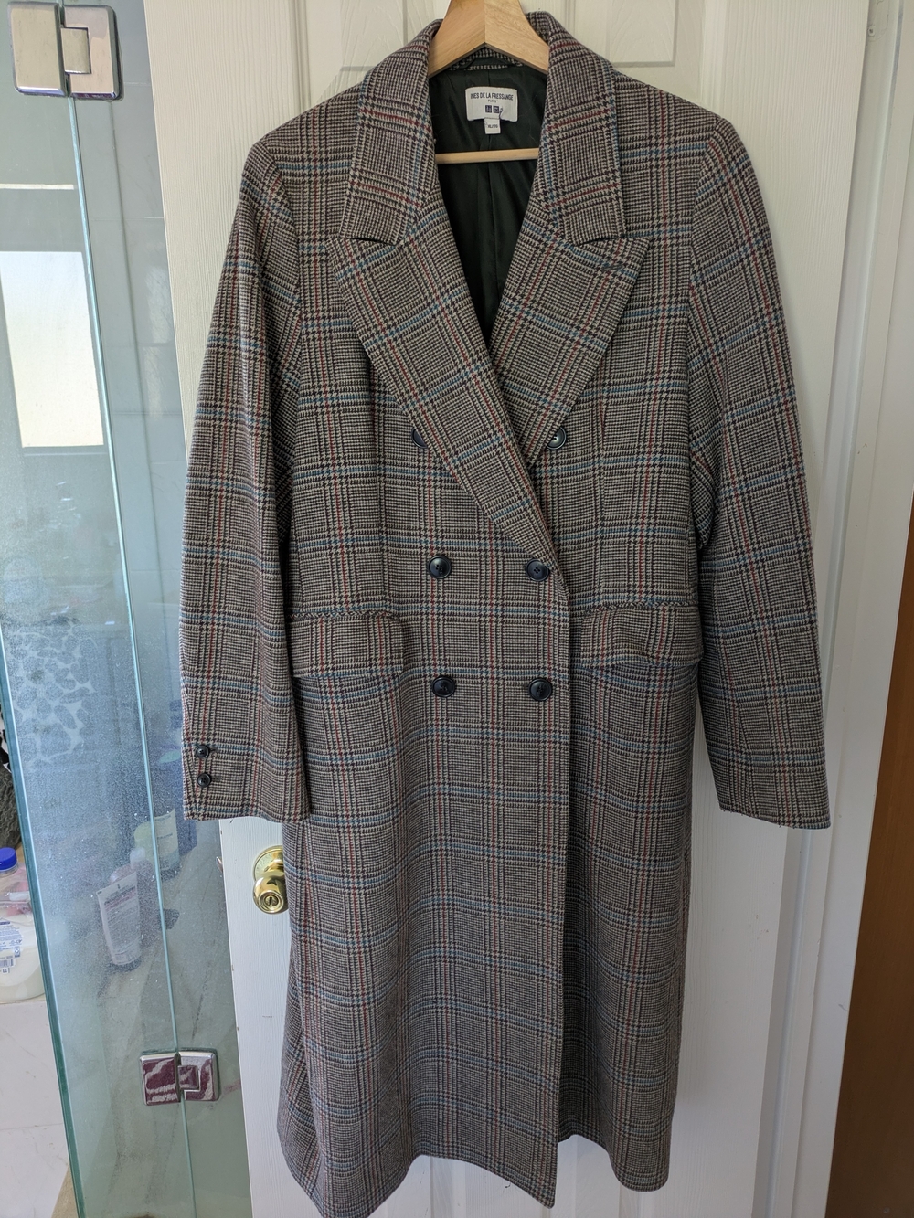 Plaid Double-Breasted Trench Coat in Grey Plaid With Red And Teal